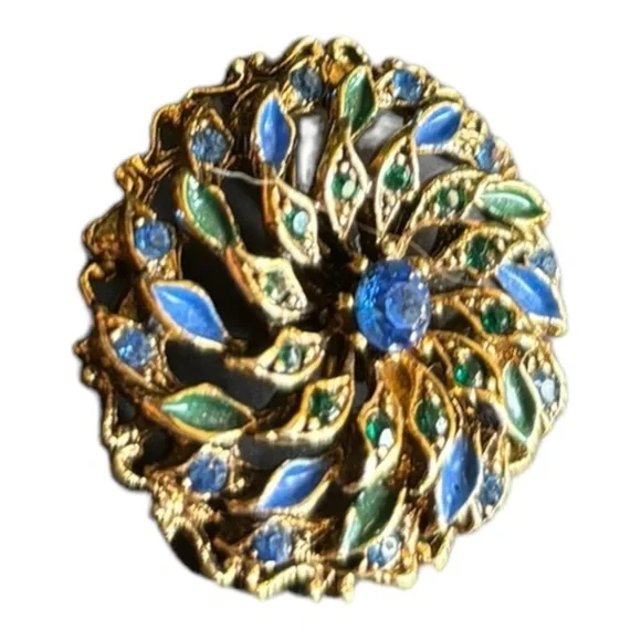 Vintage 12 Karat Gold Emerald and Sapphire Domed Brooch 1 x 1 Flower Brooch